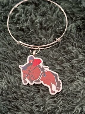 Equestrian Jumping Charm Bangle Bracelet - Red & Brown